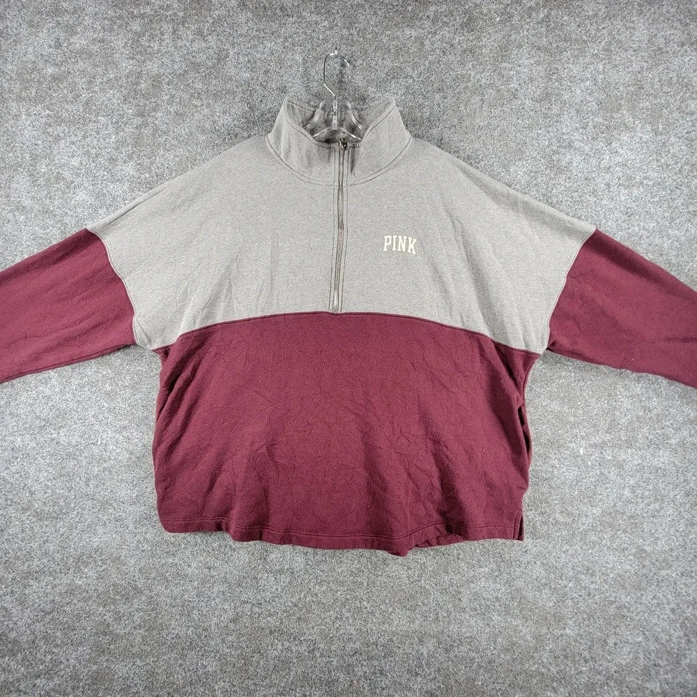 Victoria's Secret Varsity 1/2-Zip Sweatshirt Womens XL Gray‎ Maroon Love Pink